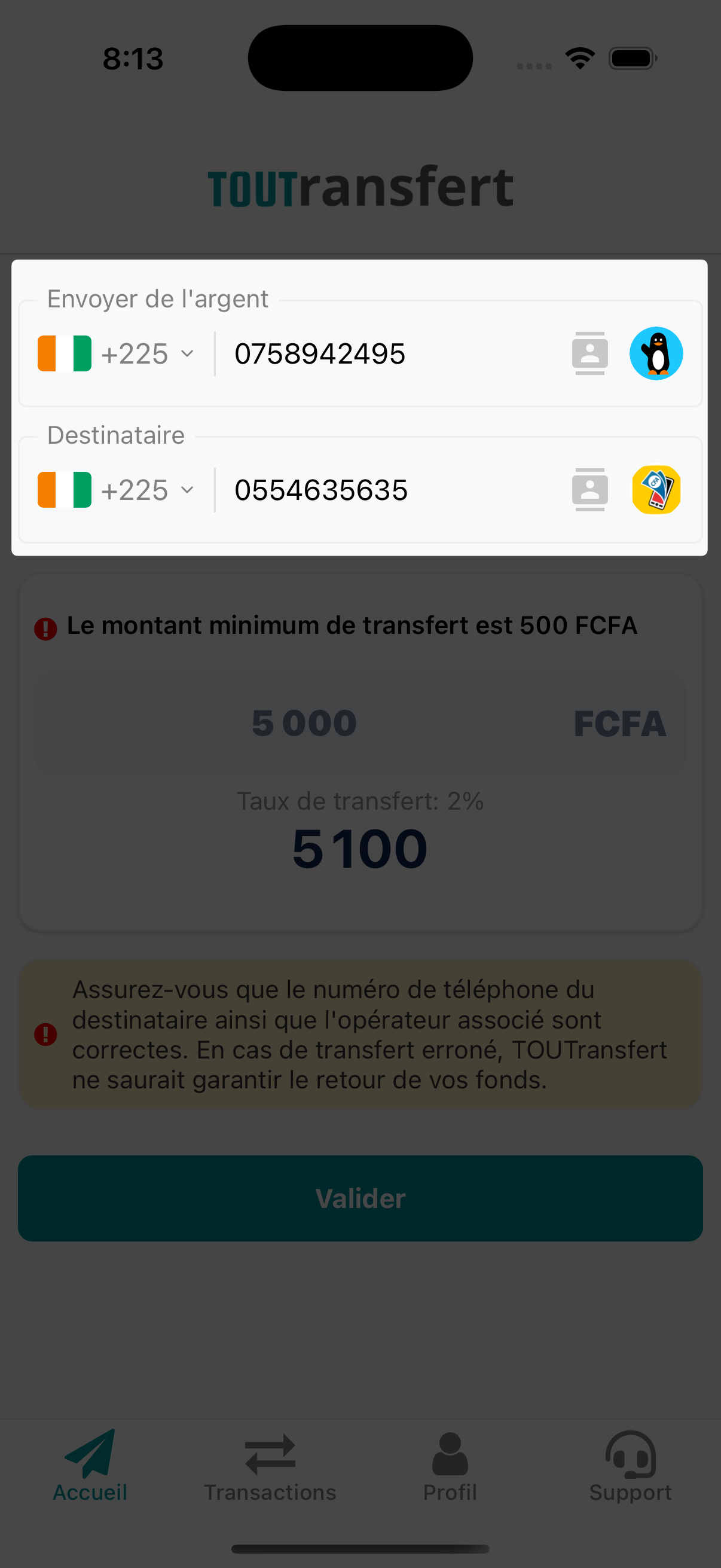 TOUTransfert App - Numéros de transfert