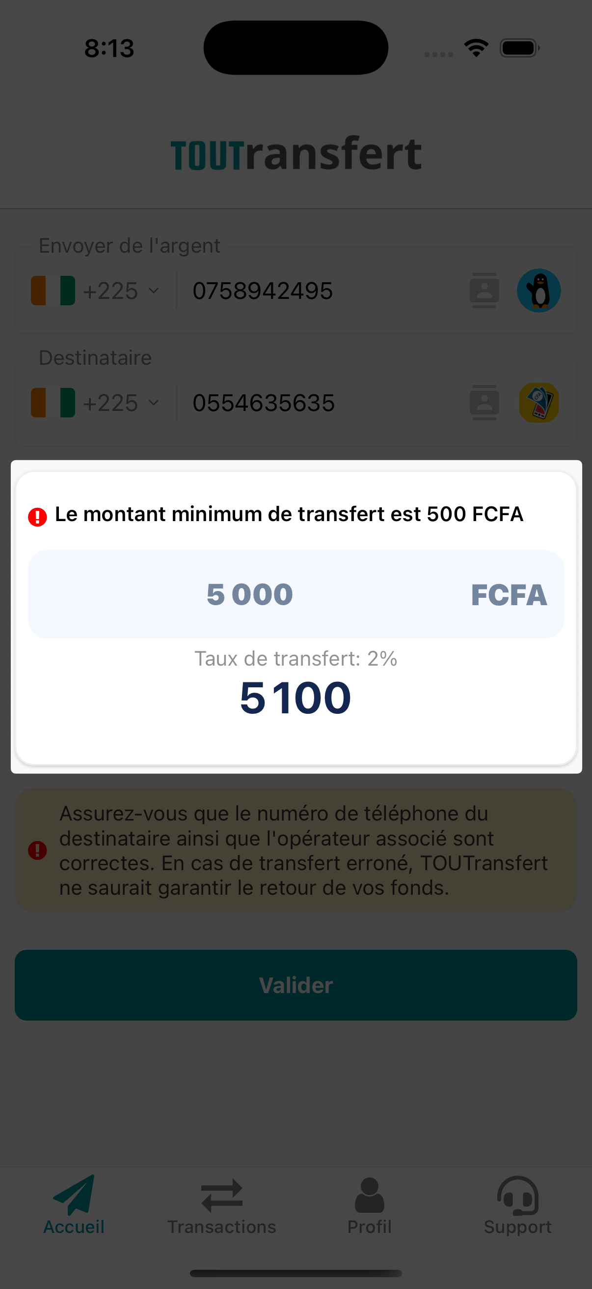 TOUTransfert App - Montant